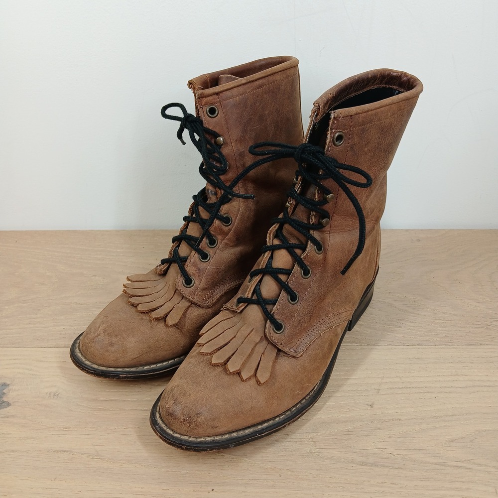 Laredo Roper Lace up Boots Women 8.5 Tan Leather Kiltie Western USA Work Granny